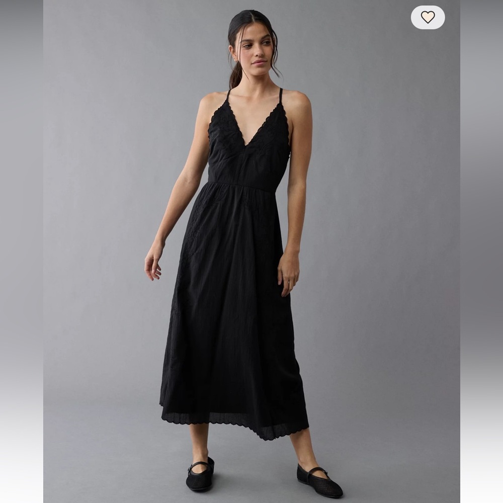 American Eagle Black V Neck Embroidered Midi Dress!  Size Small!